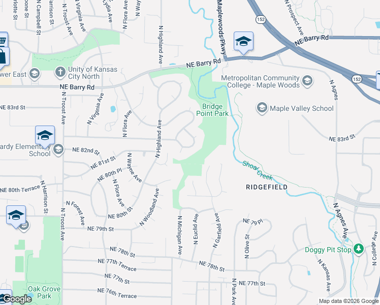 map of restaurants, bars, coffee shops, grocery stores, and more near 1905 Northeast 82nd Terrace in Kansas City