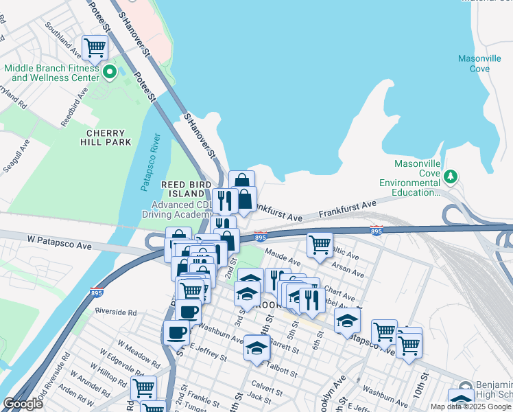 map of restaurants, bars, coffee shops, grocery stores, and more near 201 Frankfurst Avenue in Baltimore