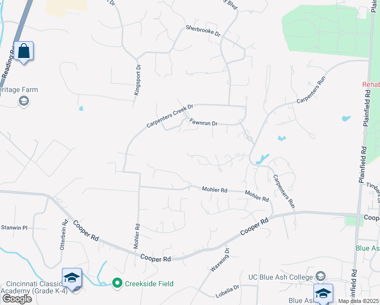 map of restaurants, bars, coffee shops, grocery stores, and more near 99 Carpenters Ridge in Cincinnati