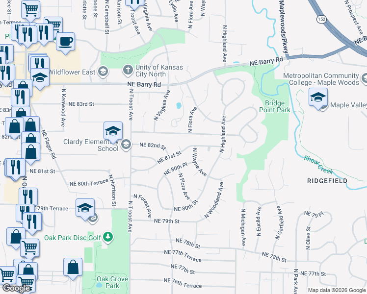 map of restaurants, bars, coffee shops, grocery stores, and more near 8030 North Wayne Avenue in Kansas City