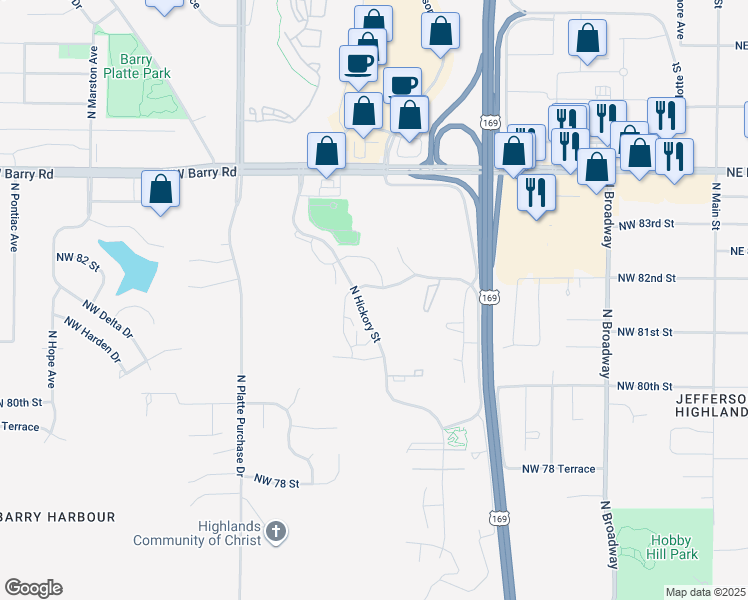 map of restaurants, bars, coffee shops, grocery stores, and more near 8109 North Hickory Street in Gladstone