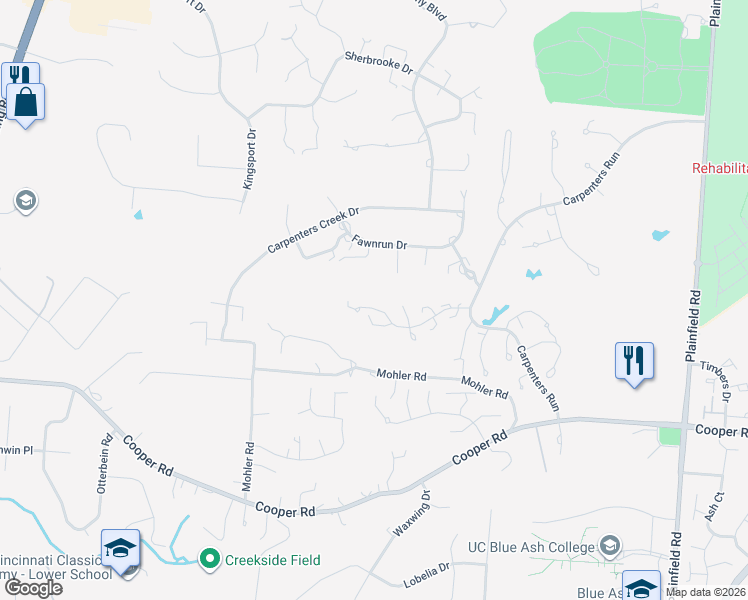 map of restaurants, bars, coffee shops, grocery stores, and more near 79 Carpenters Ridge in Cincinnati