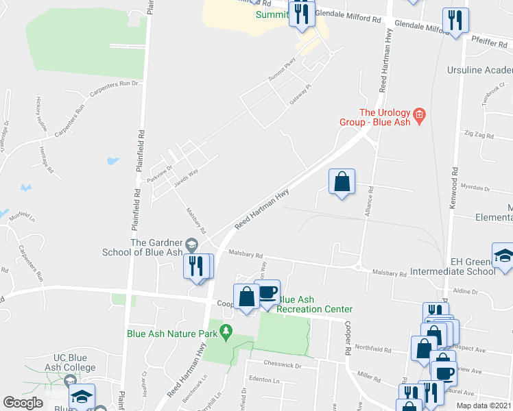 map of restaurants, bars, coffee shops, grocery stores, and more near 9997 Carver Road in Cincinnati