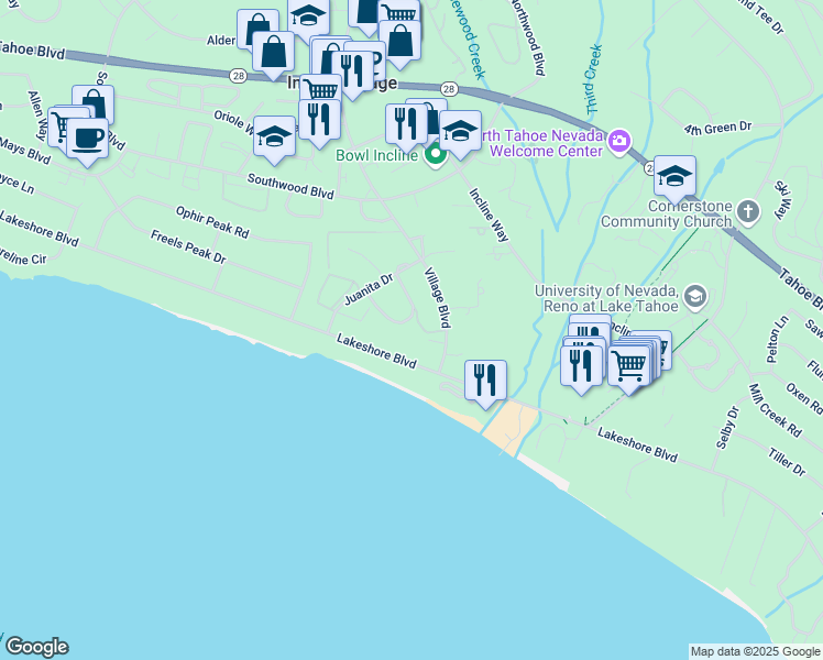 map of restaurants, bars, coffee shops, grocery stores, and more near 928 Lakeshore Boulevard in Incline Village