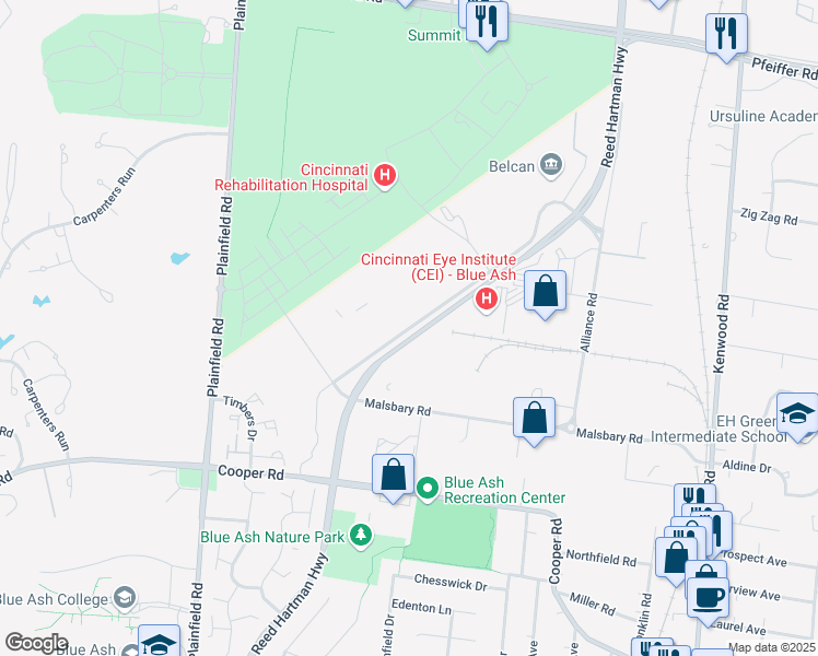 map of restaurants, bars, coffee shops, grocery stores, and more near 4380 Reed Hartman Highway in Blue Ash