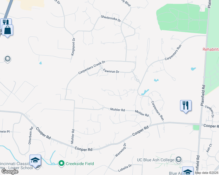 map of restaurants, bars, coffee shops, grocery stores, and more near 79 Carpenters Ridge in Cincinnati