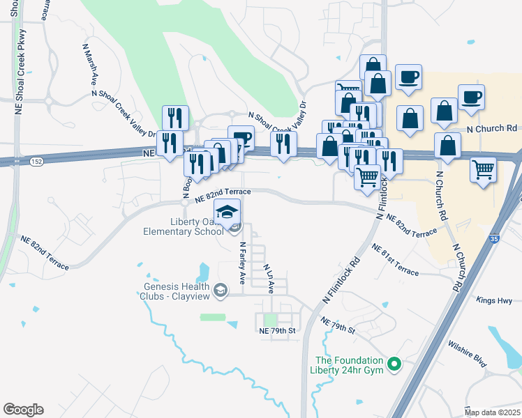 map of restaurants, bars, coffee shops, grocery stores, and more near 8145 North Farley Avenue in Kansas City