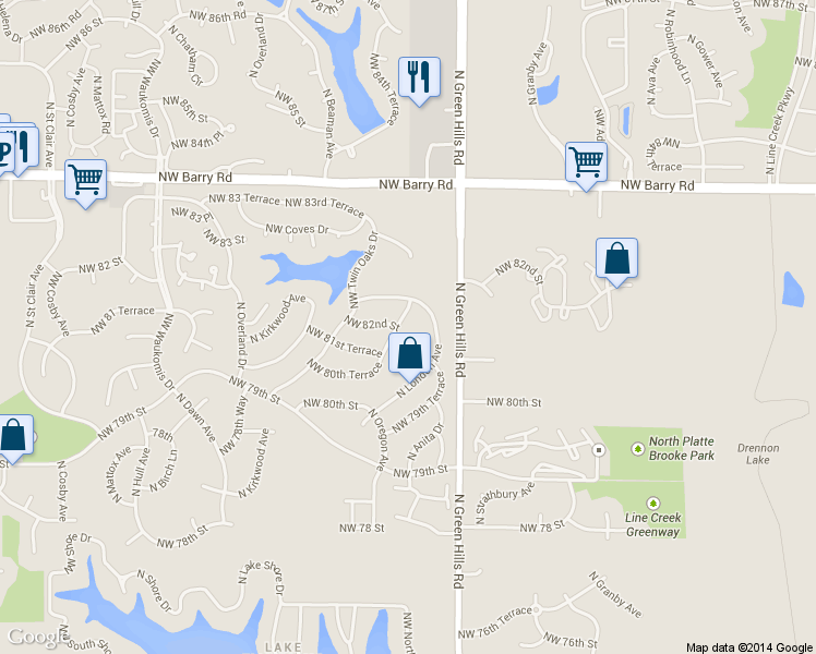 map of restaurants, bars, coffee shops, grocery stores, and more near 8105 North Oregon Avenue in Kansas City