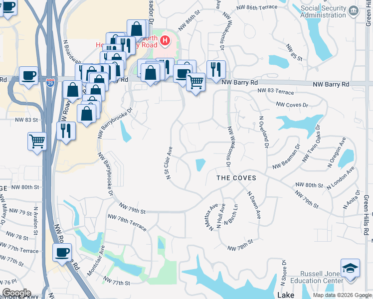 map of restaurants, bars, coffee shops, grocery stores, and more near 8105 Northwest Cosby Avenue in Kansas City