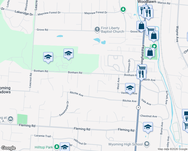 map of restaurants, bars, coffee shops, grocery stores, and more near 1419 Holman View Drive in Cincinnati