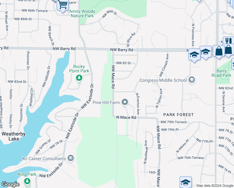 map of restaurants, bars, coffee shops, grocery stores, and more near 8809 Northwest 81st Terrace in Kansas City
