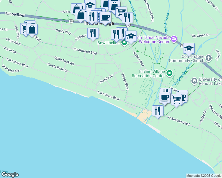 map of restaurants, bars, coffee shops, grocery stores, and more near 136 Juanita Drive in Incline Village