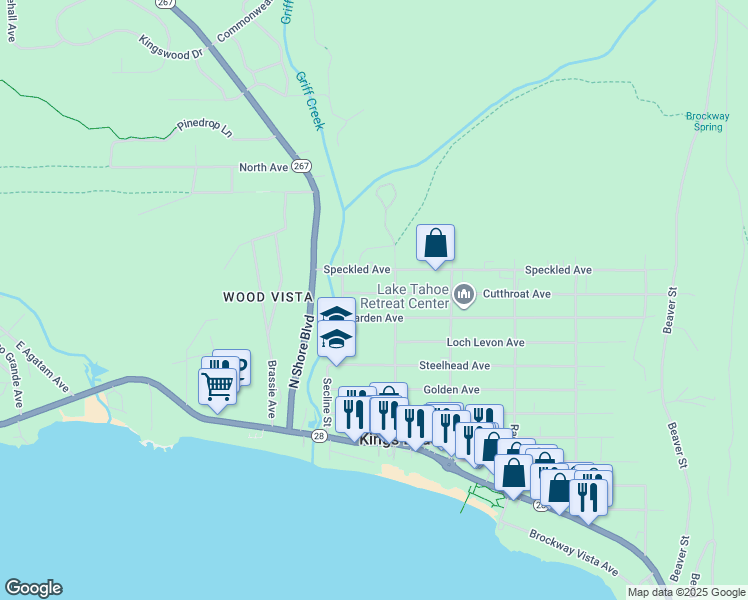 map of restaurants, bars, coffee shops, grocery stores, and more near 8102 Speckled Avenue in Kings Beach