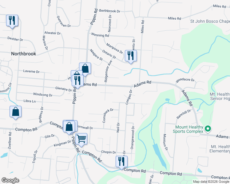 map of restaurants, bars, coffee shops, grocery stores, and more near 2573 Adams Road in Cincinnati