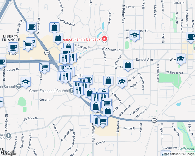 map of restaurants, bars, coffee shops, grocery stores, and more near 939 Cherokee Drive in Liberty