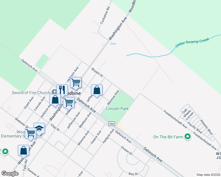 map of restaurants, bars, coffee shops, grocery stores, and more near 309 Madison Avenue in Woodbine