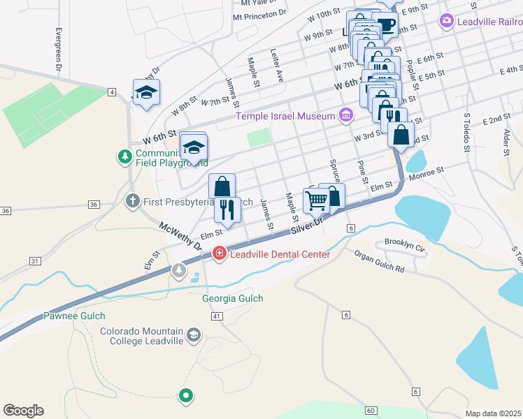 map of restaurants, bars, coffee shops, grocery stores, and more near 600 West Chestnut Street in Leadville