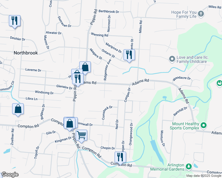 map of restaurants, bars, coffee shops, grocery stores, and more near 2573 Adams Road in Cincinnati