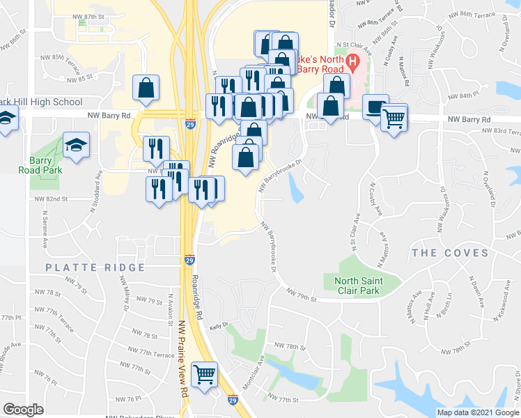 map of restaurants, bars, coffee shops, grocery stores, and more near 6334 Northwest 82 Court in Kansas City