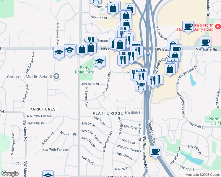map of restaurants, bars, coffee shops, grocery stores, and more near 8213 North Stoddard Avenue in Kansas City