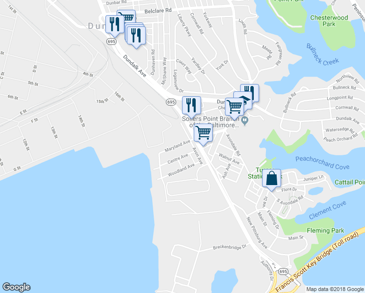 map of restaurants, bars, coffee shops, grocery stores, and more near 15 Maryland Avenue in Dundalk