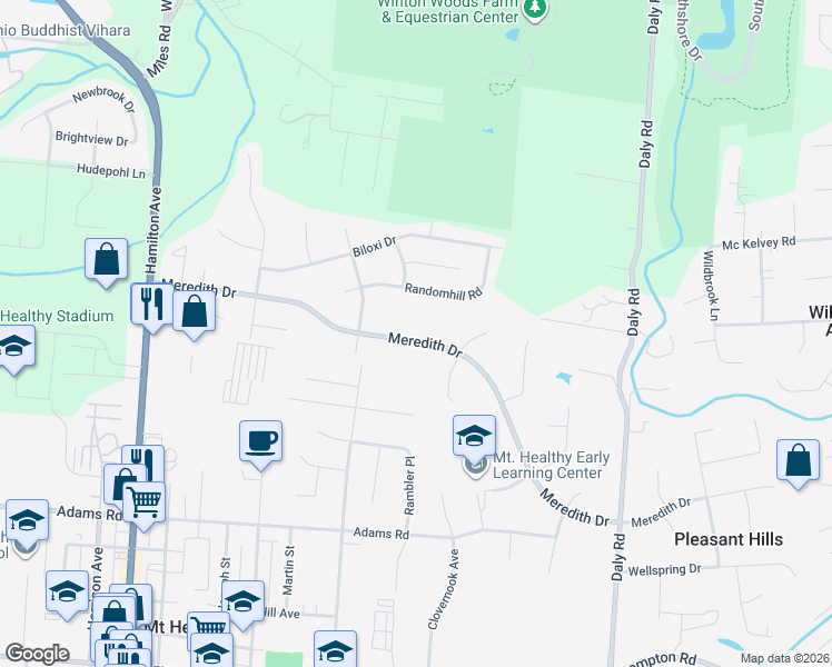 map of restaurants, bars, coffee shops, grocery stores, and more near 1414 Meredith Drive in Cincinnati