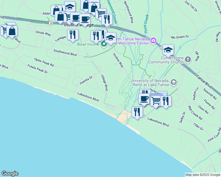 map of restaurants, bars, coffee shops, grocery stores, and more near 120 Village Boulevard in Incline Village