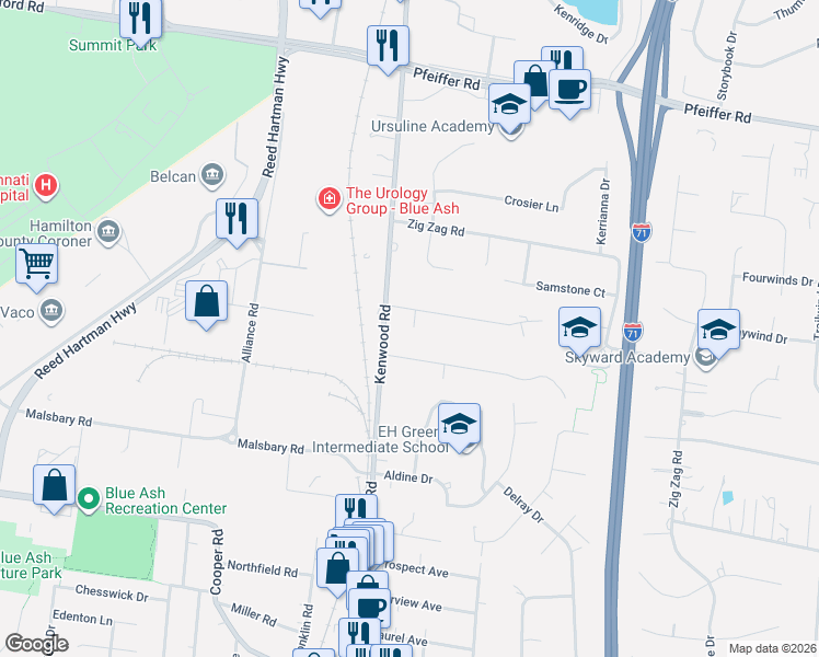 map of restaurants, bars, coffee shops, grocery stores, and more near 4949 Myerdale Drive in Cincinnati