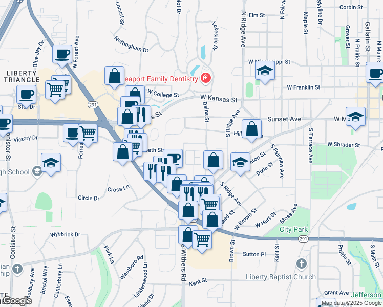 map of restaurants, bars, coffee shops, grocery stores, and more near 905 Elizabeth Street in Liberty