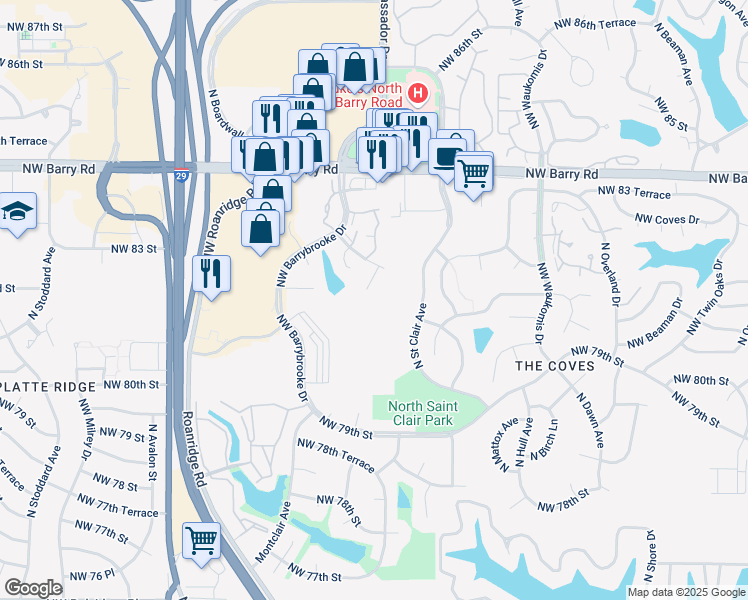map of restaurants, bars, coffee shops, grocery stores, and more near 8219 North Revere Court in Kansas City