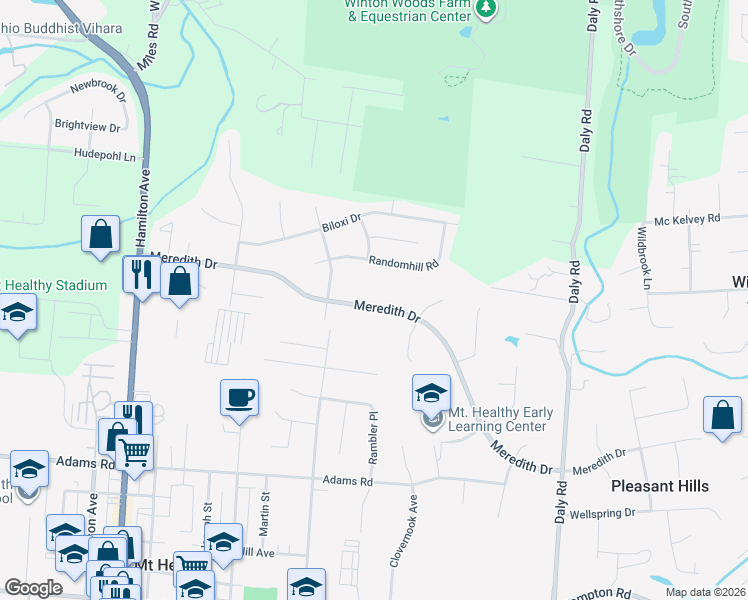 map of restaurants, bars, coffee shops, grocery stores, and more near 1414 Meredith Drive in Cincinnati