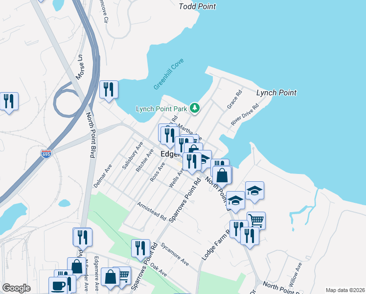 map of restaurants, bars, coffee shops, grocery stores, and more near 3104 Lynch Rd in Edgemere