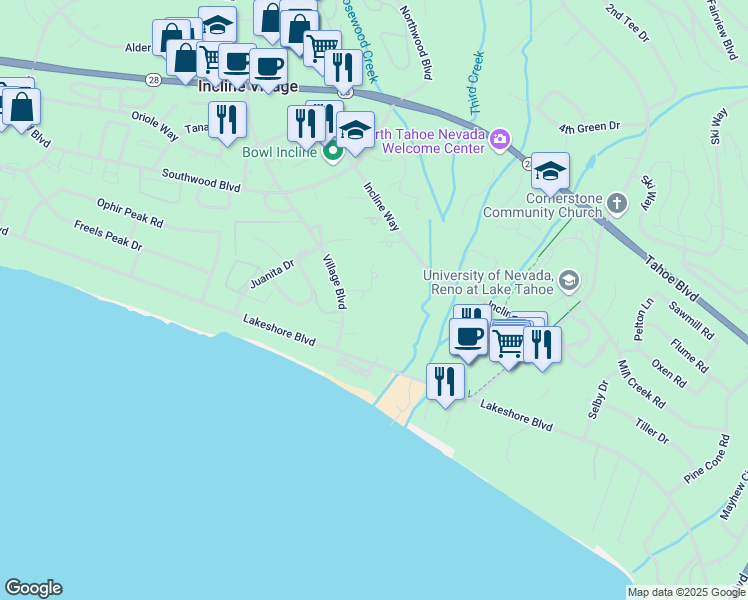 map of restaurants, bars, coffee shops, grocery stores, and more near 120 Village Boulevard in Incline Village