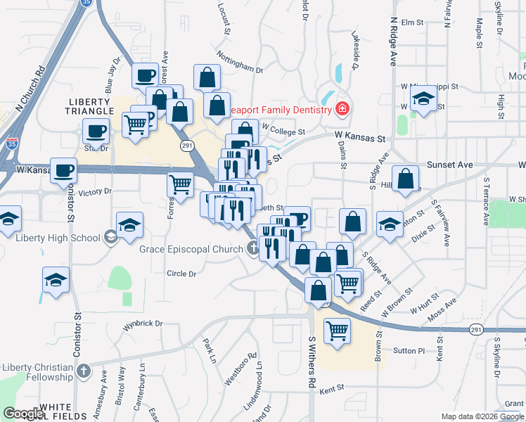 map of restaurants, bars, coffee shops, grocery stores, and more near 1144 Elizabeth Street in Liberty