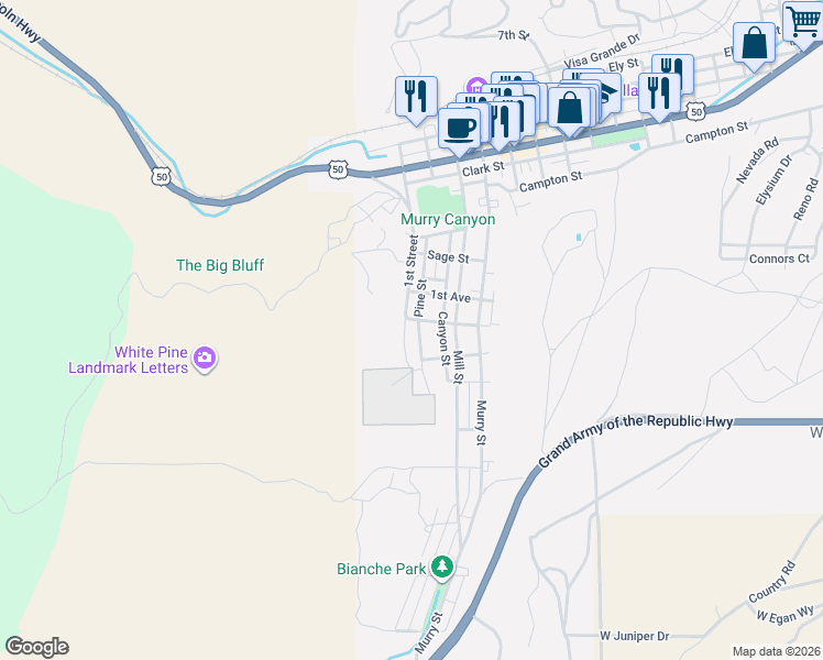 map of restaurants, bars, coffee shops, grocery stores, and more near 925 Pine Street in Ely