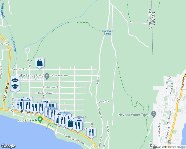map of restaurants, bars, coffee shops, grocery stores, and more near 604 Chipmunk Street in Kings Beach