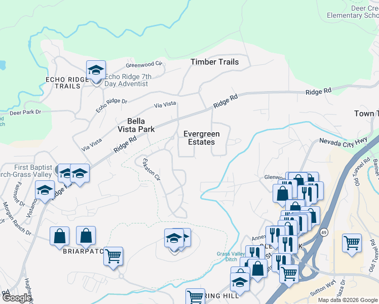 map of restaurants, bars, coffee shops, grocery stores, and more near 15273 Via Colina Drive in Nevada City
