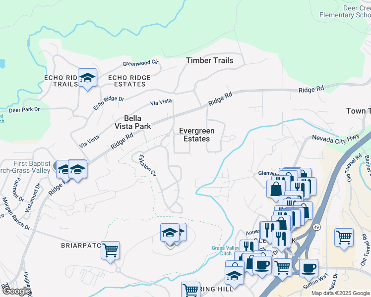 map of restaurants, bars, coffee shops, grocery stores, and more near 13320 Evergreen Drive in Nevada City