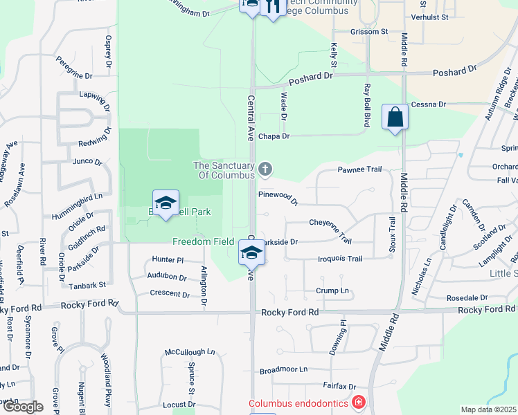 map of restaurants, bars, coffee shops, grocery stores, and more near 1923 Pinewood Drive in Columbus
