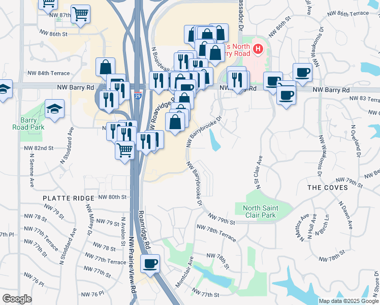 map of restaurants, bars, coffee shops, grocery stores, and more near 6334 Northwest 82 Court in Kansas City