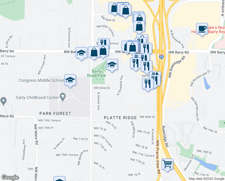 map of restaurants, bars, coffee shops, grocery stores, and more near 7314 Northwest 82nd Street in Kansas City