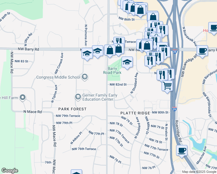 map of restaurants, bars, coffee shops, grocery stores, and more near 7512 Northwest 82nd Street in Kansas City