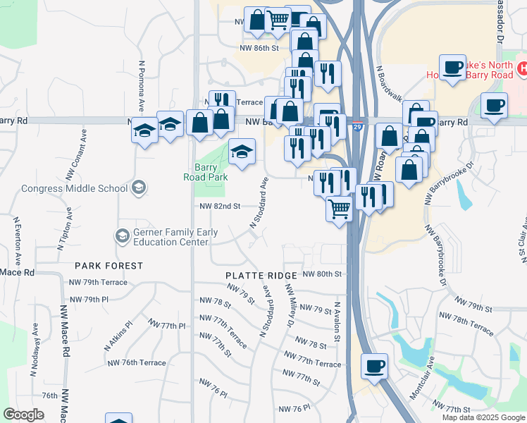 map of restaurants, bars, coffee shops, grocery stores, and more near 8139 North Stoddard Avenue in Kansas City
