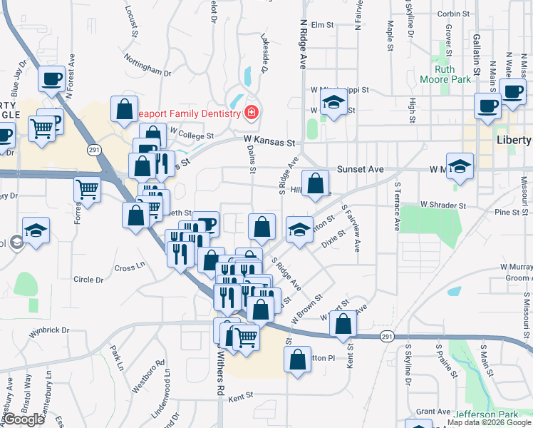 map of restaurants, bars, coffee shops, grocery stores, and more near 827 Elizabeth Court in Liberty