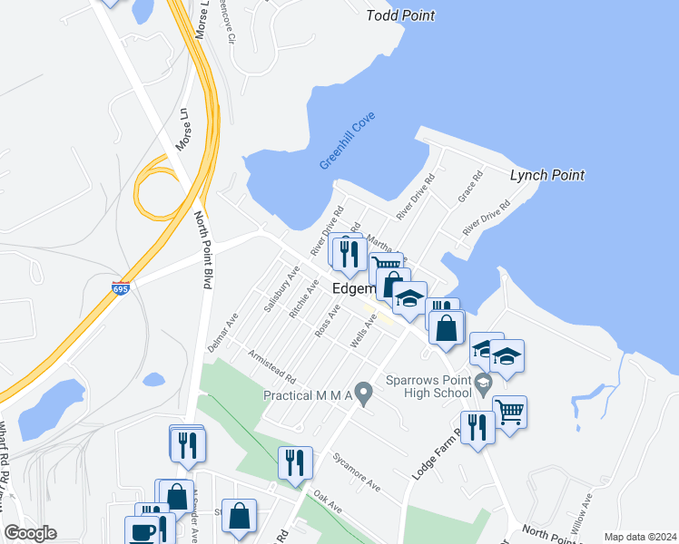 map of restaurants, bars, coffee shops, grocery stores, and more near 6806 North Point Road in Sparrows Point