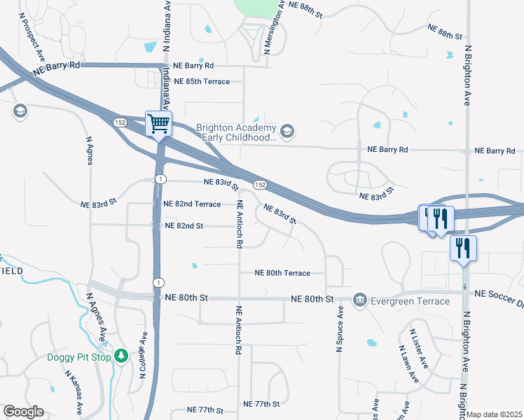 map of restaurants, bars, coffee shops, grocery stores, and more near 3900 Northeast 83rd Street in Kansas City