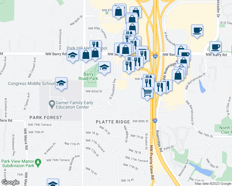 map of restaurants, bars, coffee shops, grocery stores, and more near 8213 North Stoddard Avenue in Kansas City