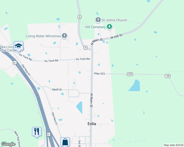 map of restaurants, bars, coffee shops, grocery stores, and more near County Road 225 in Eolia
