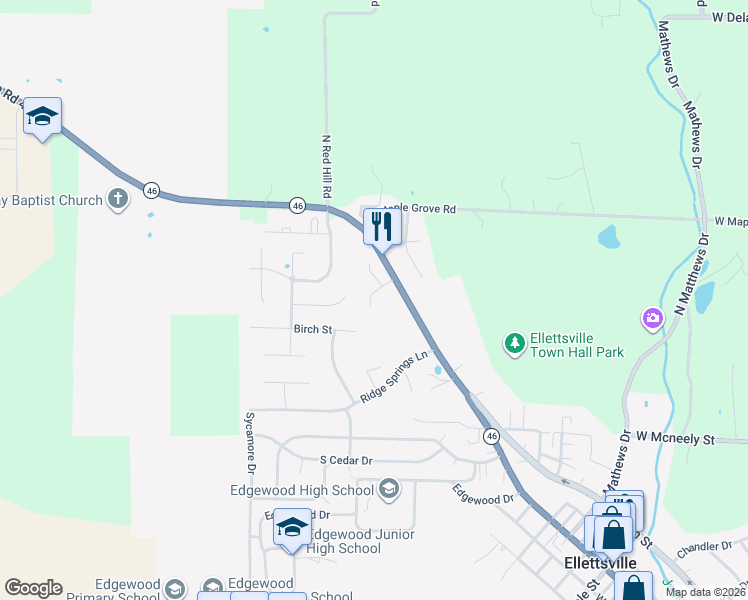 map of restaurants, bars, coffee shops, grocery stores, and more near 6340 Jacob Street in Ellettsville