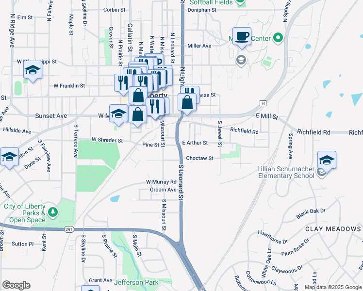 map of restaurants, bars, coffee shops, grocery stores, and more near 152 South Leonard Street in Liberty